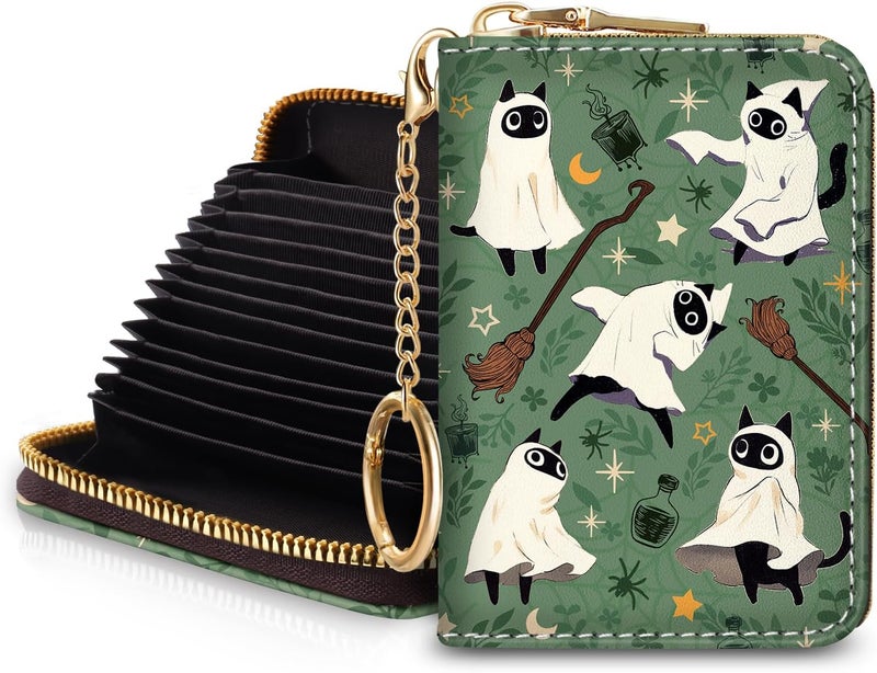 Blusabaca Halloween Spooky Cute Cat Credit Card Holder for Women, Witch Magic Small RFID Wallet, Zipper Keychain Wallet, Leather Card Case, RFID Blocking Accordion Wallet Holiday Gift - Image 1